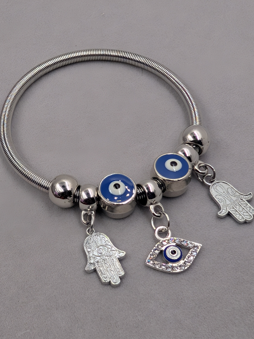 Boutique Silver Tone Evil Eye Hamsa Charm Bracelet Blue Nazar | 1223